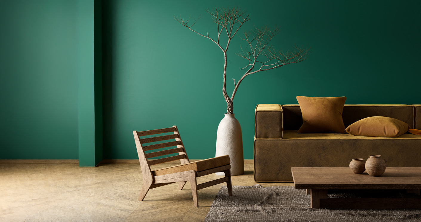 Contemporary green living room with home and lifestyle products