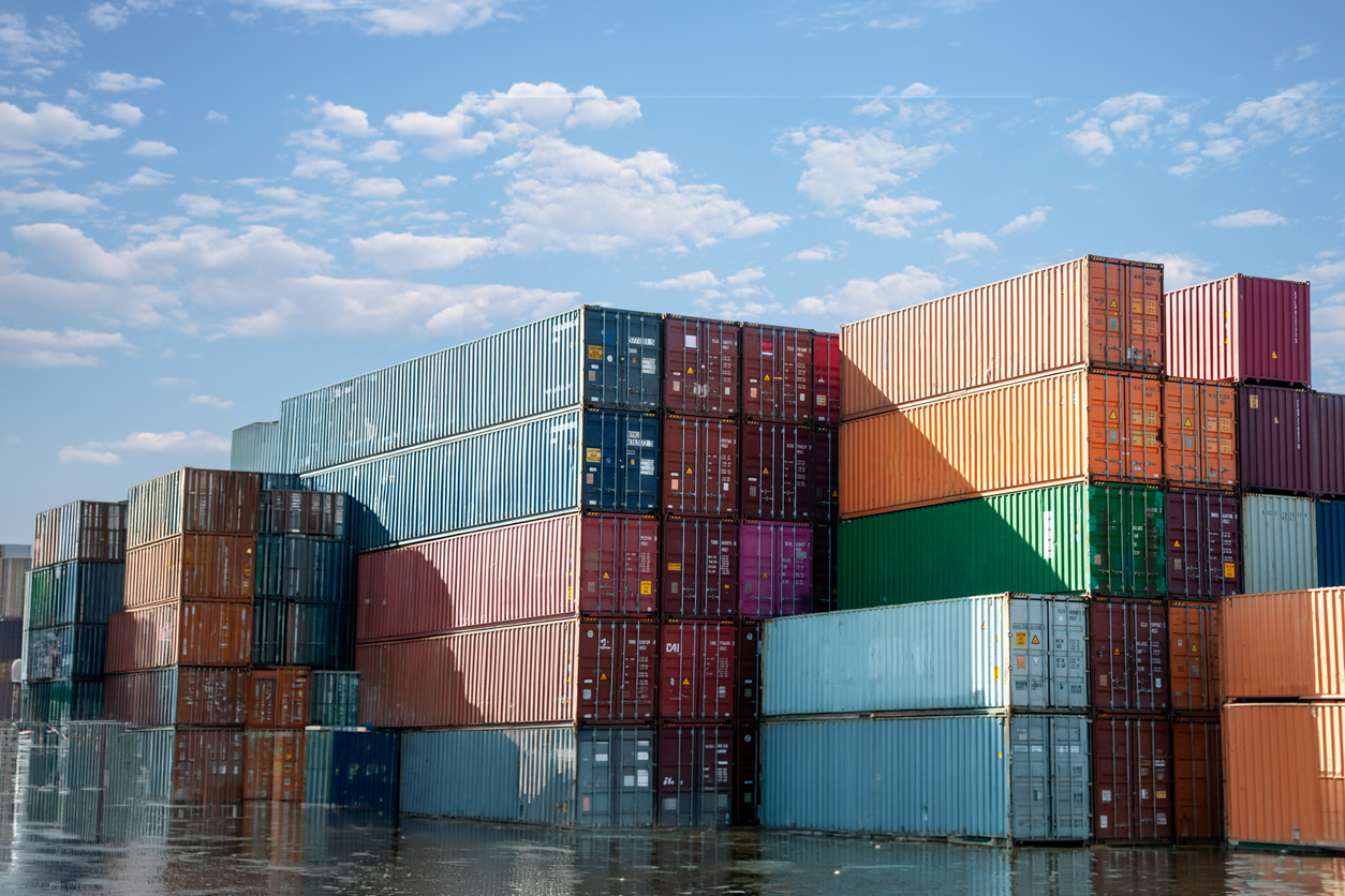 Shipping containers representing international product sourcing and logistics