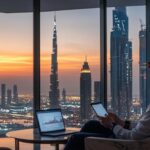 Entrepreneur reviewing business opportunities in Dubai from an office overlooking the Burj Khalifa at sunset.