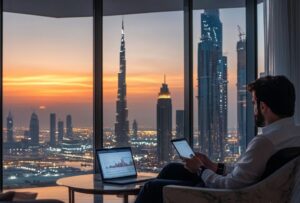 Entrepreneur reviewing business opportunities in Dubai from an office overlooking the Burj Khalifa at sunset.