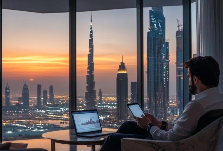 Entrepreneur reviewing business opportunities in Dubai from an office overlooking the Burj Khalifa at sunset.