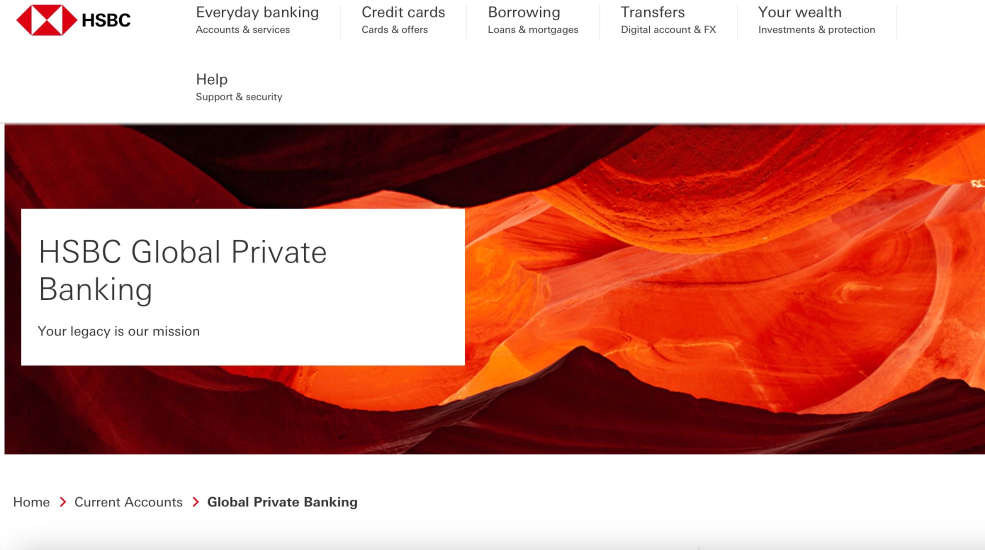 A screenshot of the HSBC website, which is an international bank in Dubai.