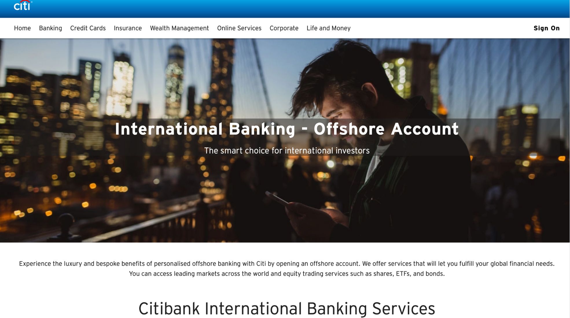 An image of the Citibank website, which is an International bank in Dubai.