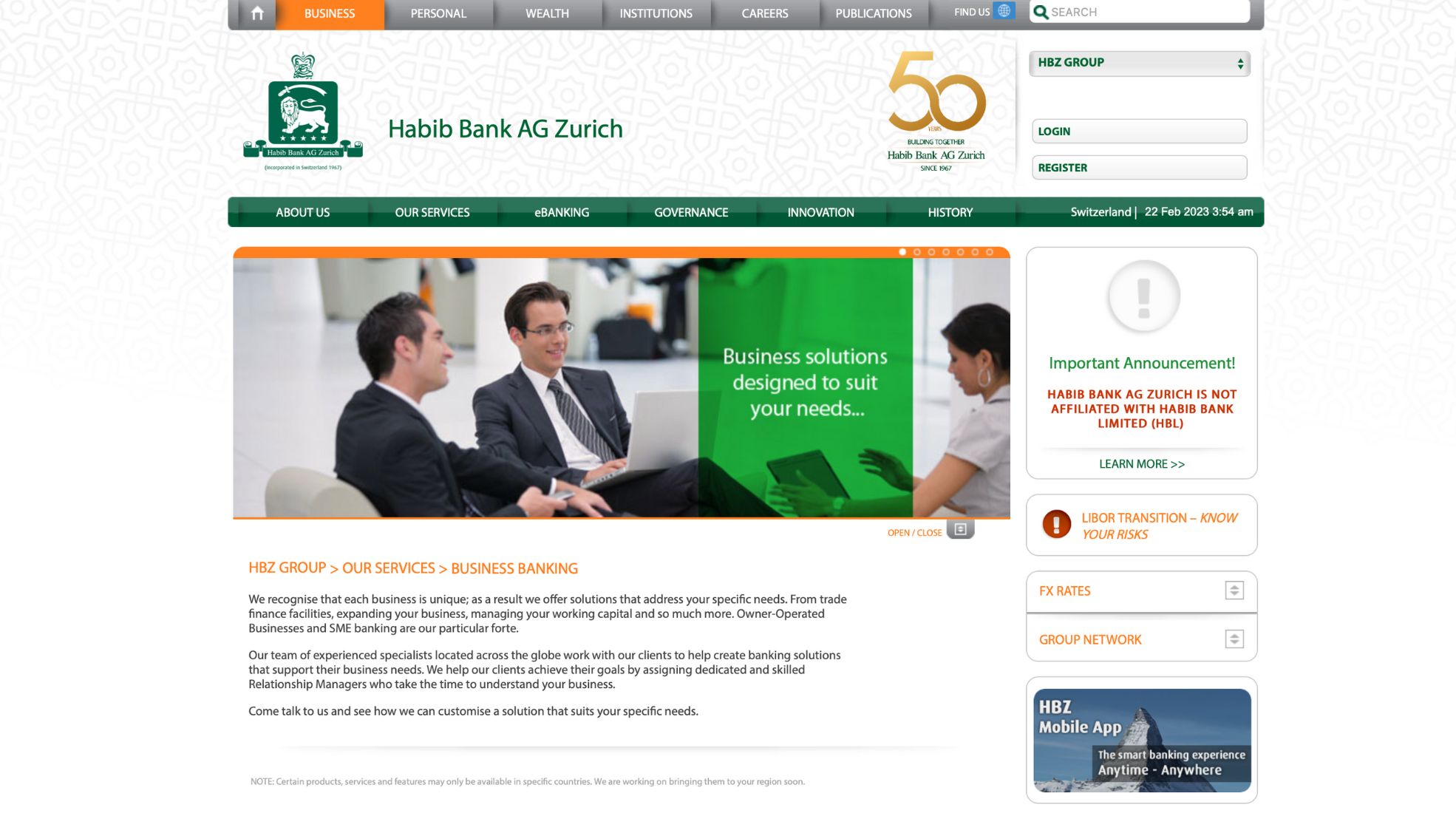 A screenshot of Habib Bank website, which is an International bank in Dubai.