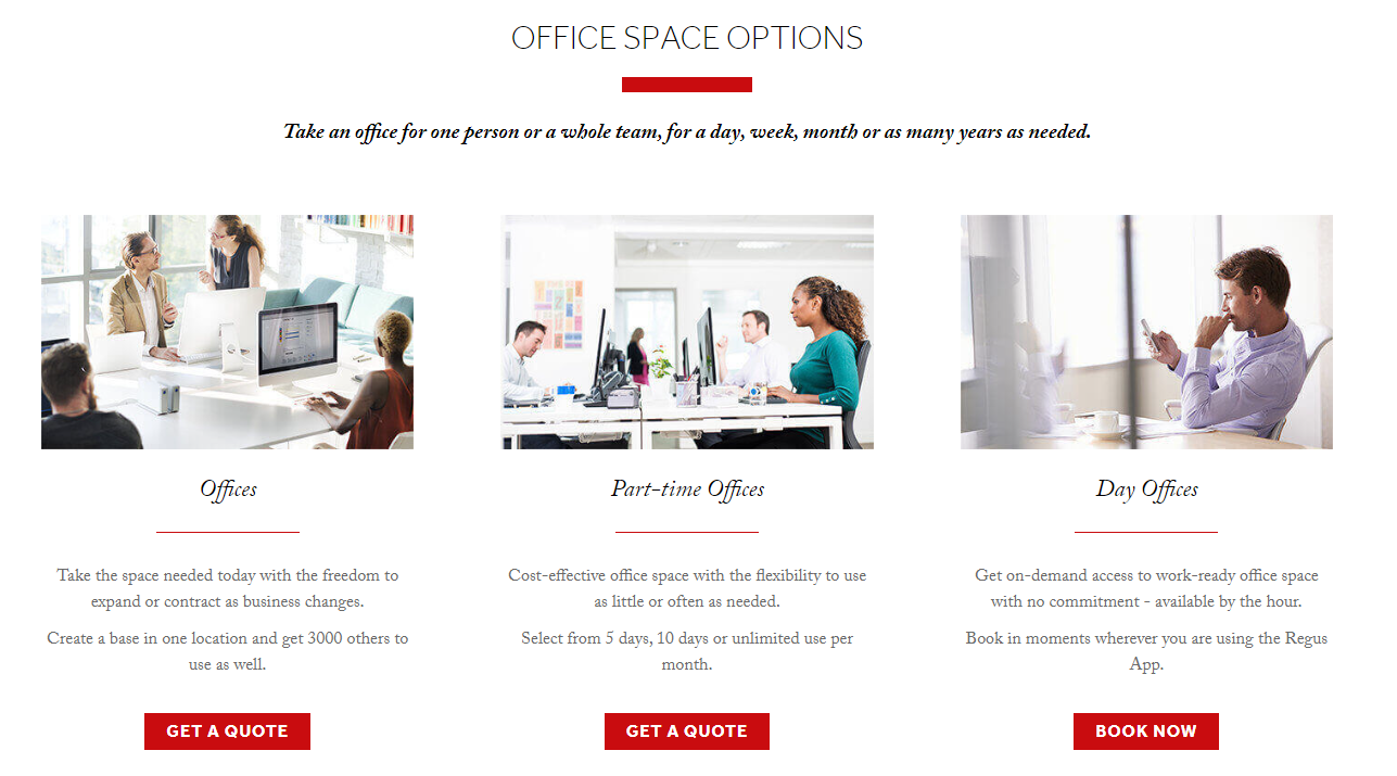 Screenshot of Regus pricing and payment options.