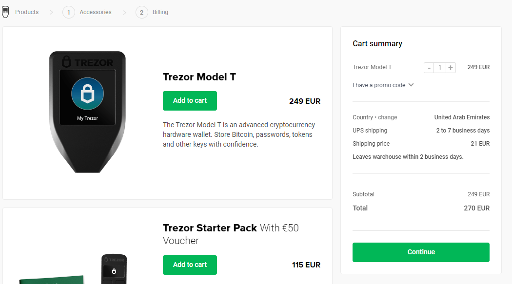Screenshot of Trezor Model T fees, pricing and payment options.