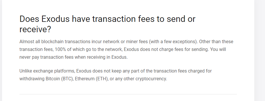 Screenshot of Exodus fees, pricing and payment options.