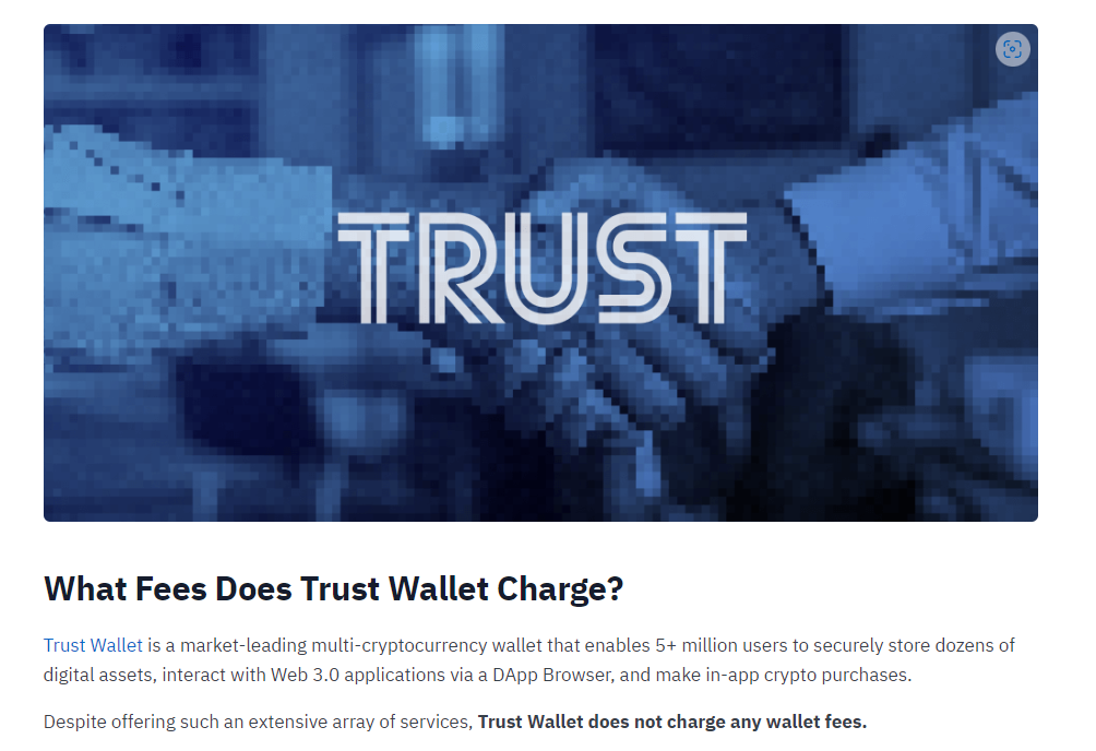 Screenshot of Trust Wallet fees, pricing and payment options.