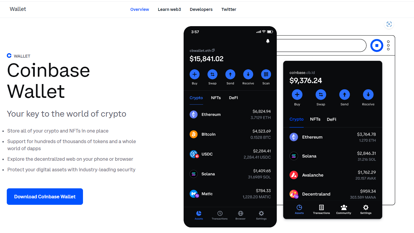 Screenshot of Coinbase- one of our top choices as the best crypto wallet in UAE