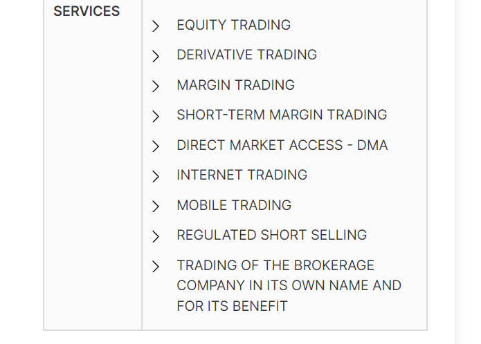 A screenshot of a list of services that are used for trading in Dubai.