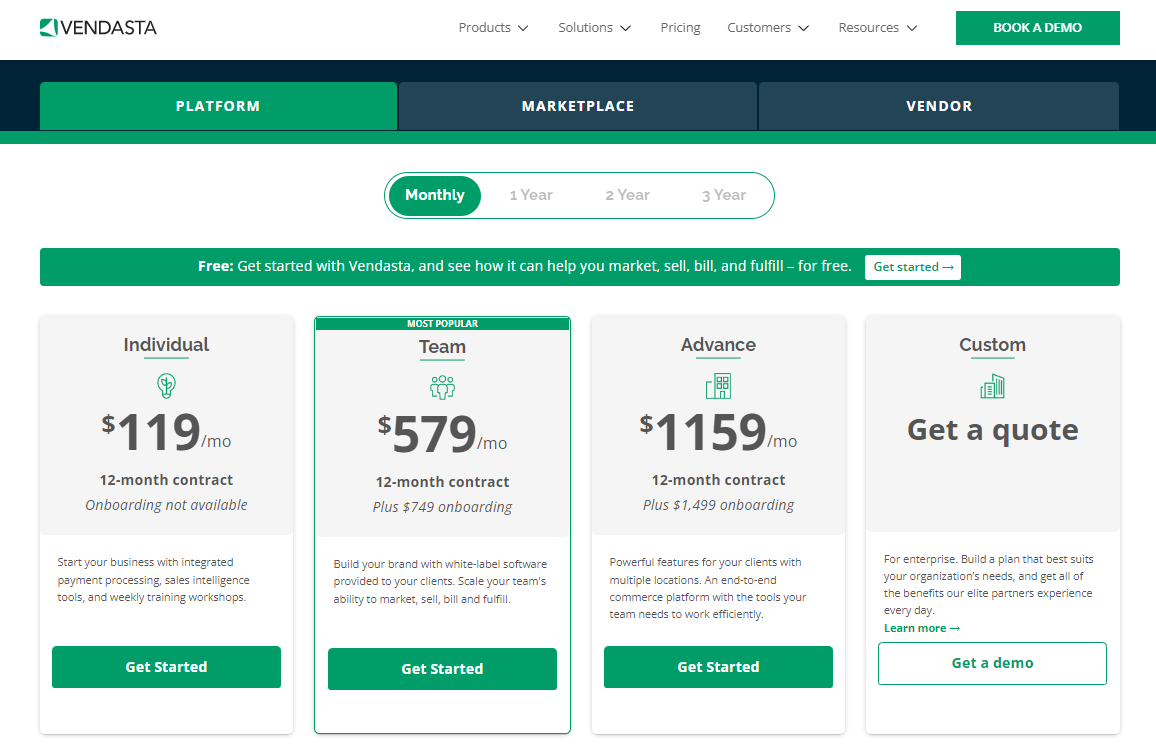 A screenshot of Vendasta pricing and payment plan options.