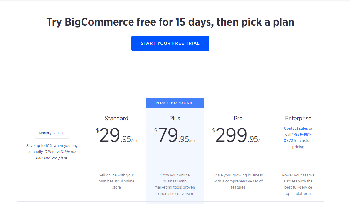 A screenshot of BigCommerce pricing and payment plan options.