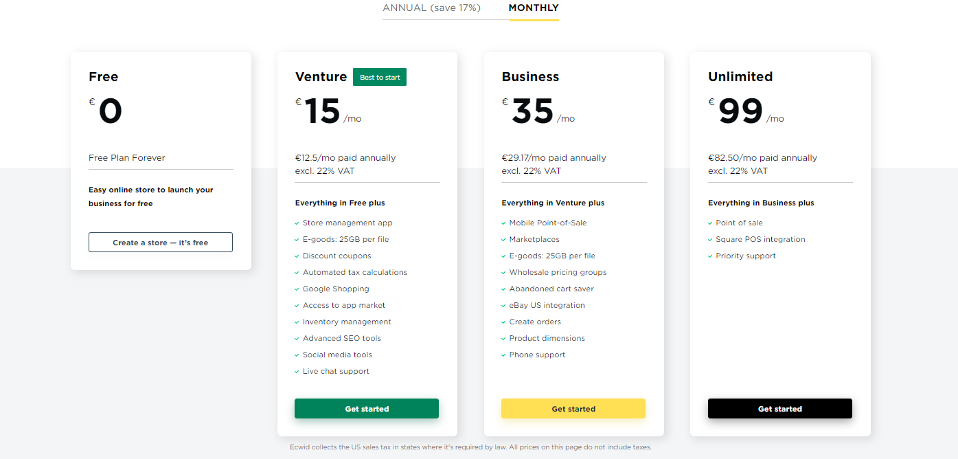 A screenshot of Ecwid pricing and payment plan options.