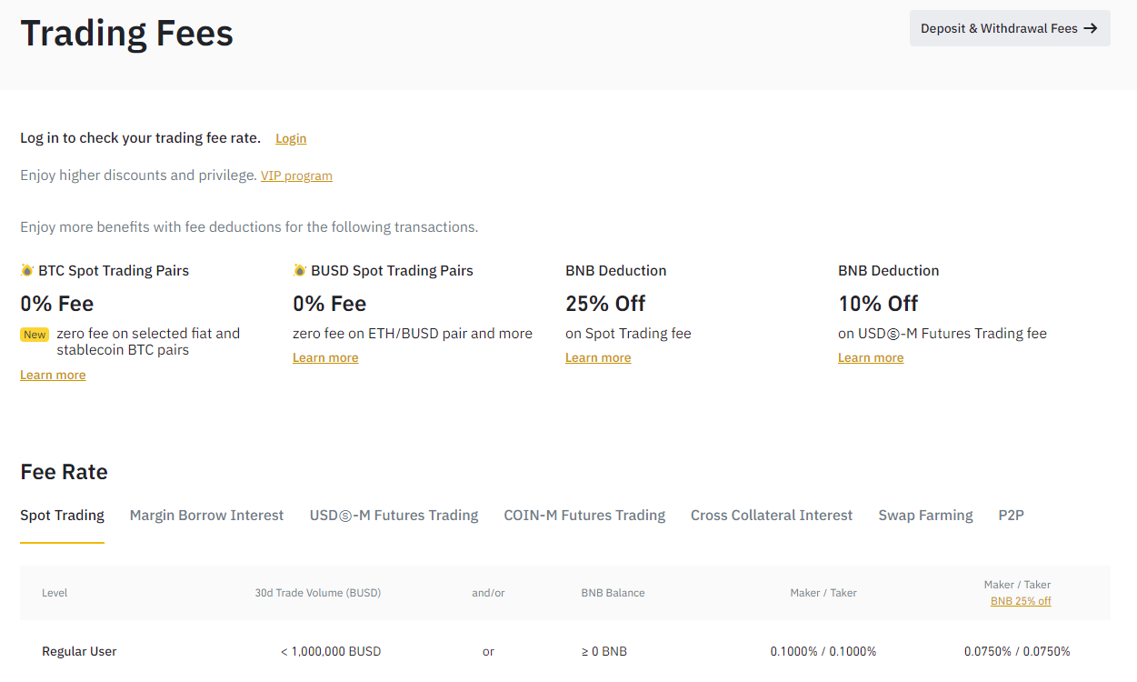 A screenshot of Binance pricing options.