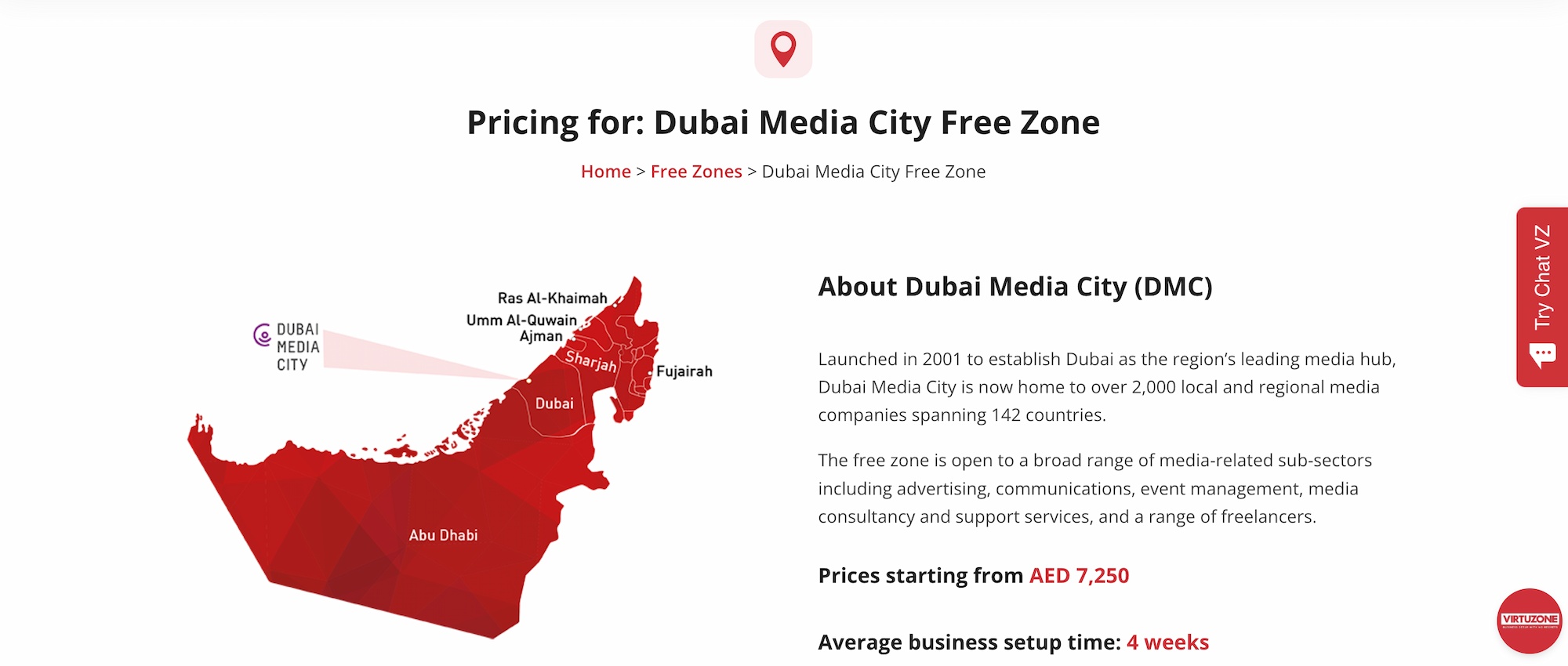 An overview and pricing information of the Dubai Media City Free Zone.