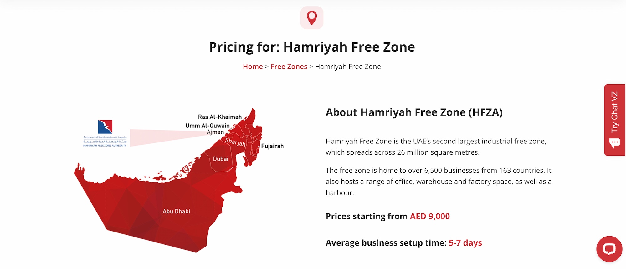 An overview and pricing information of the Hamriyah Free Zone.