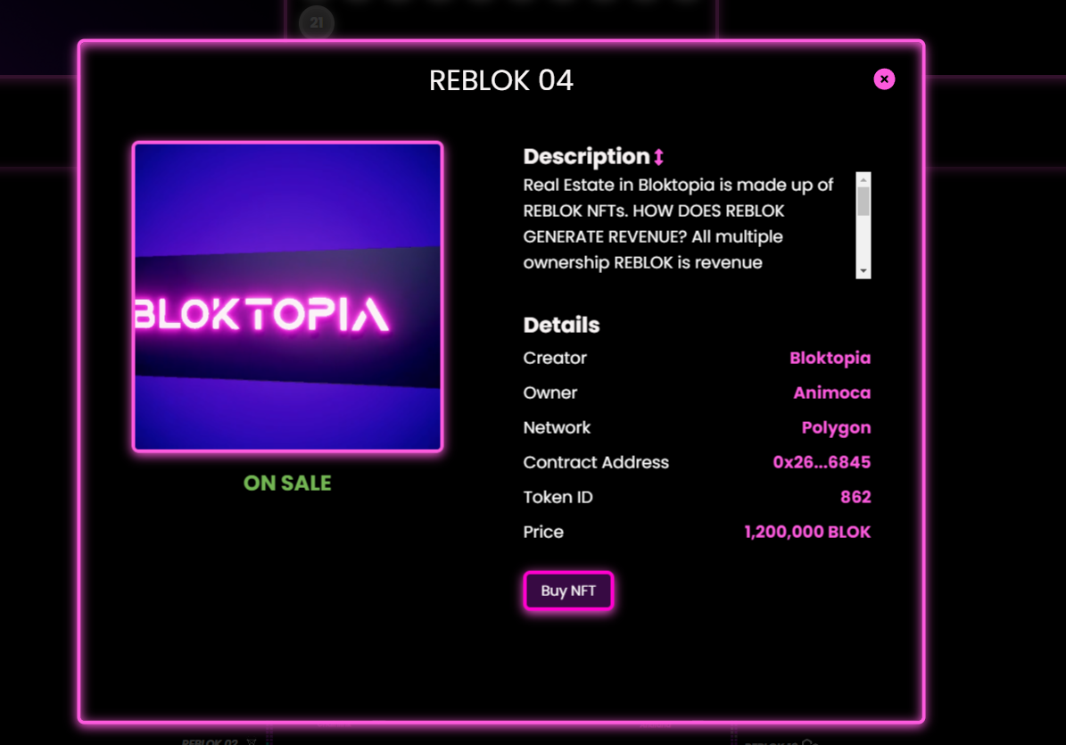 A screenshot of Bloktopia pricing information.
