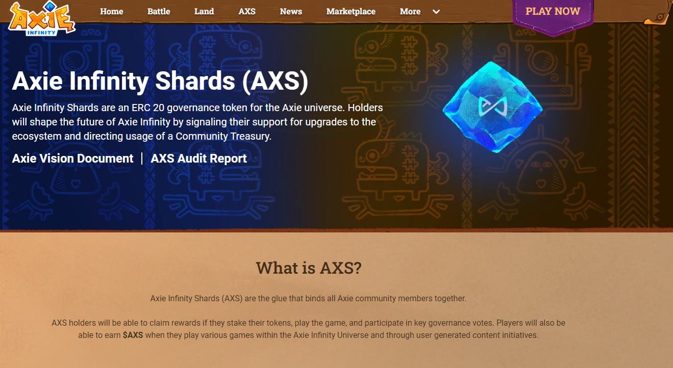 A screenshot of Axie Infinity Shards (AXS) - one of the best Metaverse platforms