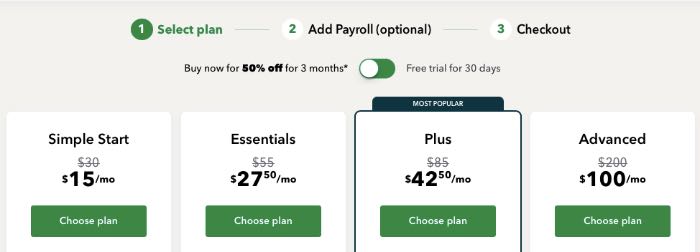 A screenshot of Quickbooks pricing options.