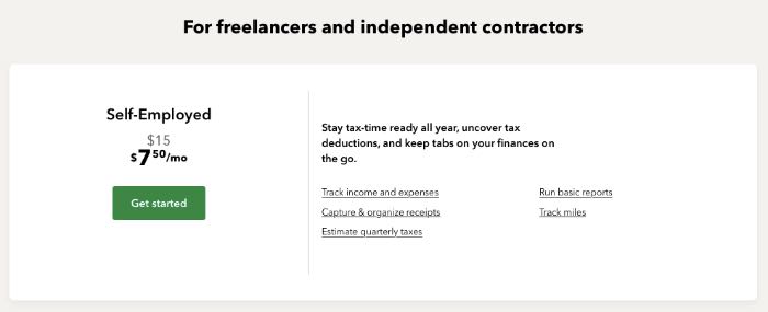 A screenshot of Quickbooks pricing options for freelancers/contractors.