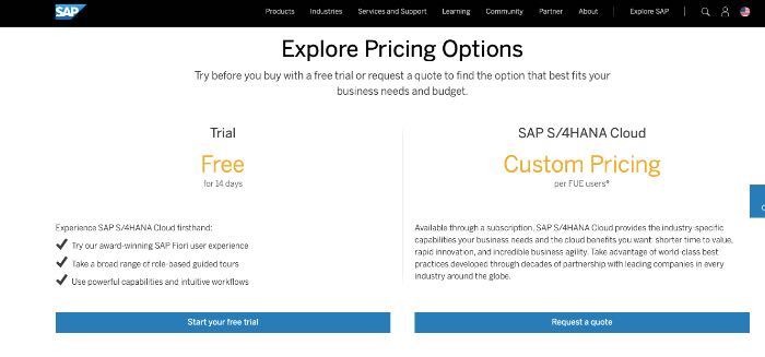 A screenshot of SAP ERP pricing options.