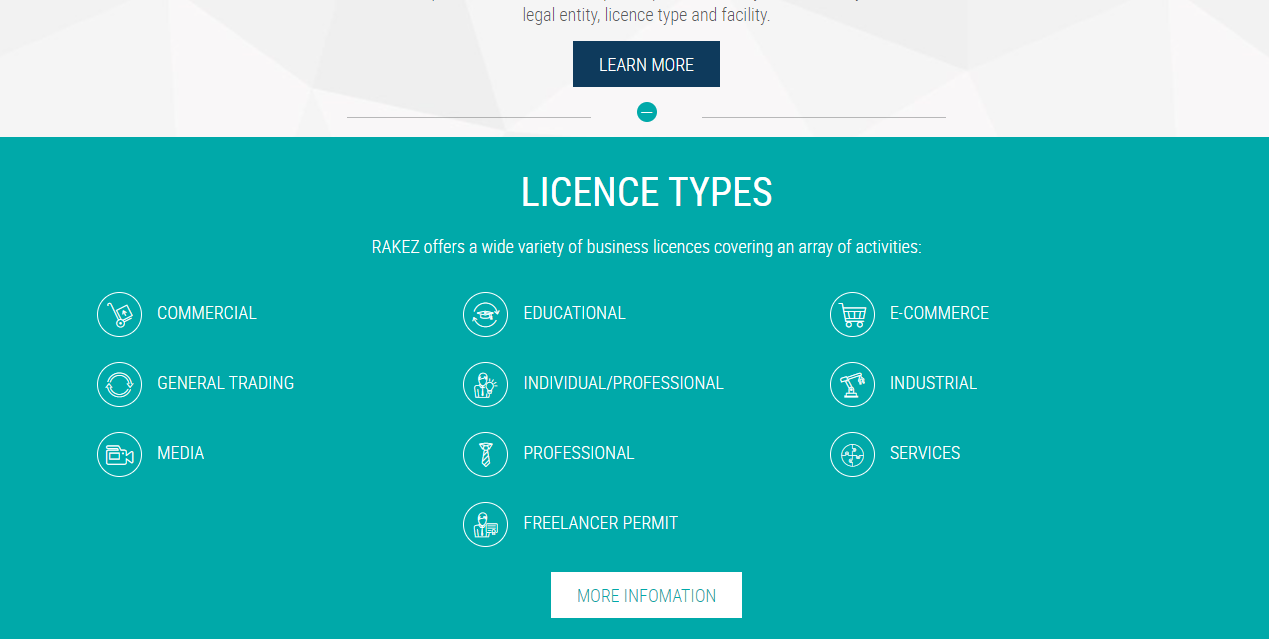 A screenshot of Rakez free zone license types. 