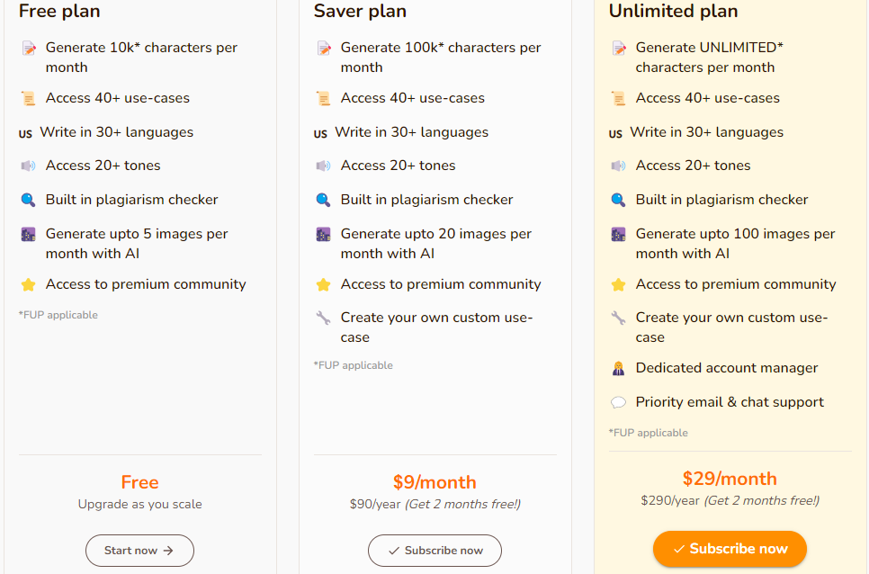 A screenshot of RYTR pricing options.