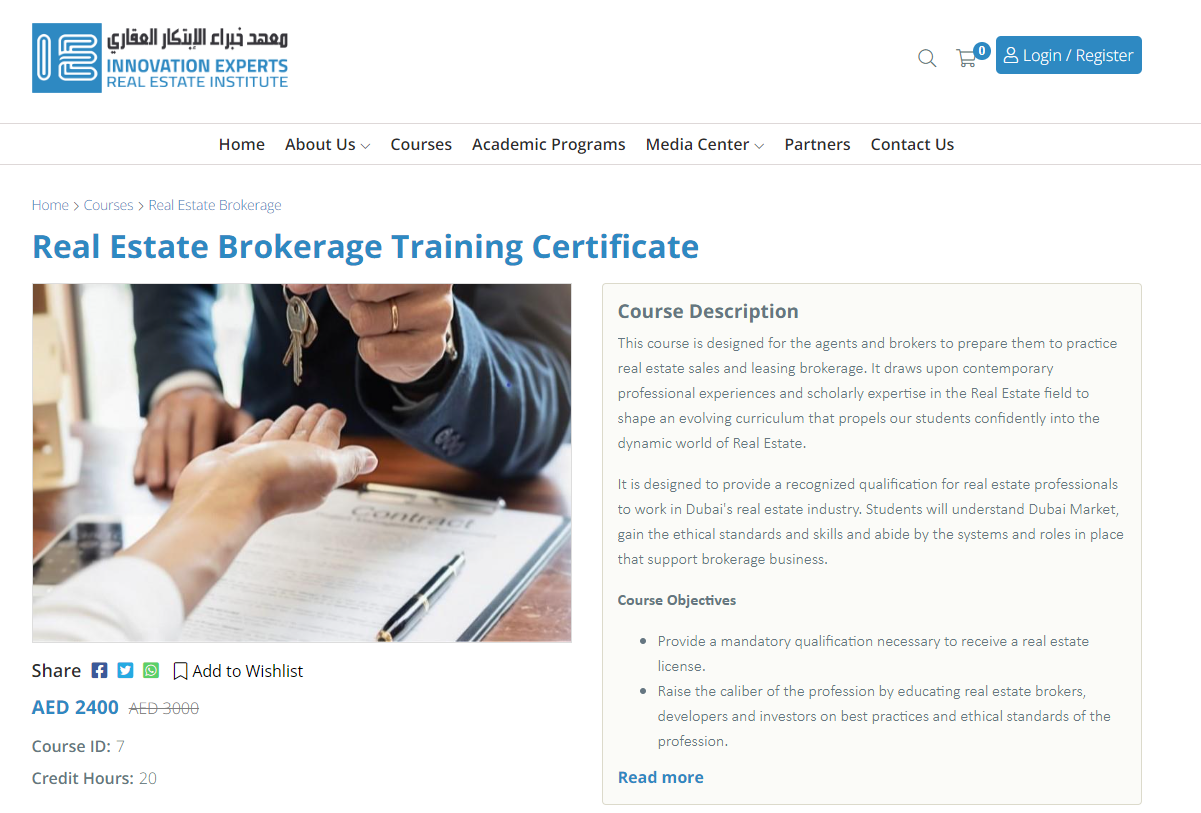 A screenshot of the IEREI Training Certificate- for getting a real estate licence in Dubai.