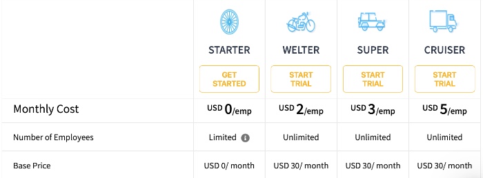 A screenshot of GreytHR pricing options.
