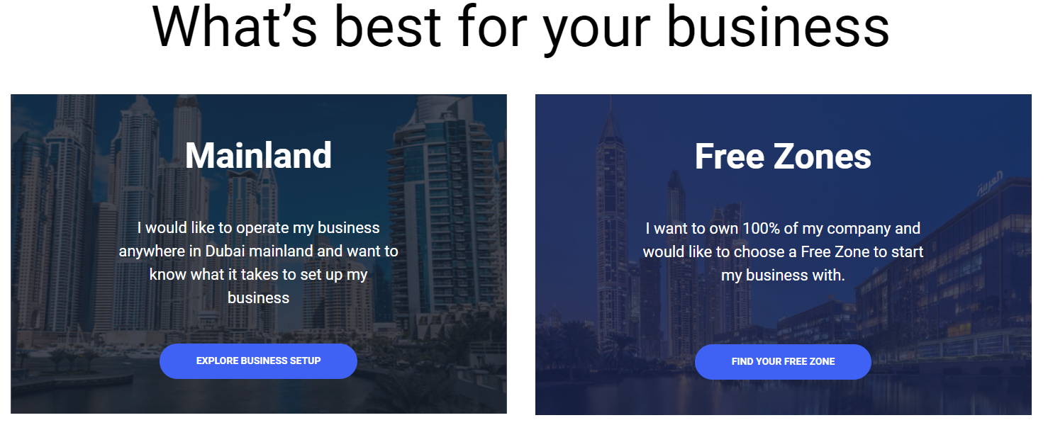 A screenshot of mainland and free zones- something to consider when owning a holding company in UAE.
