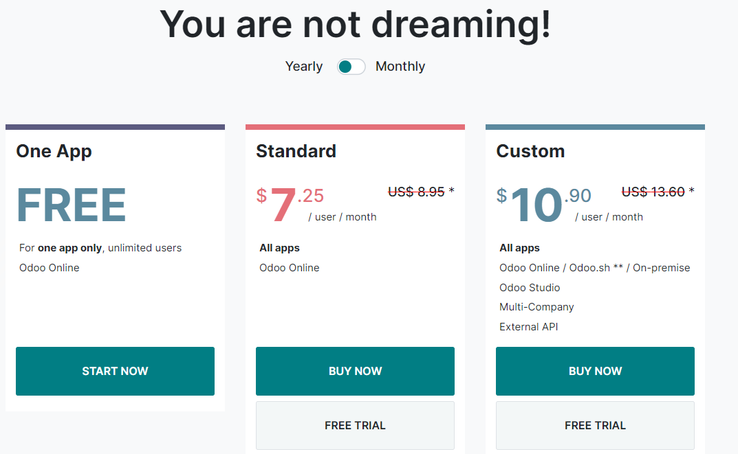 A screenshot of Odoo pricing options.