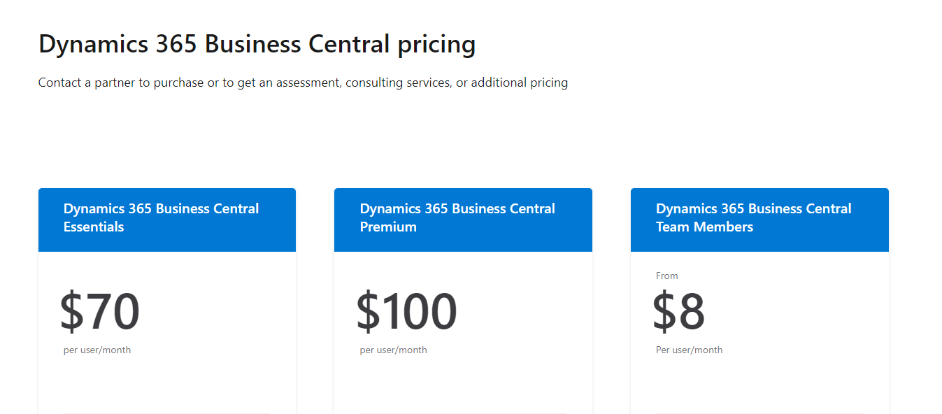 A screenshot of Microsoft Dynamics 365 Business Central pricing options. 