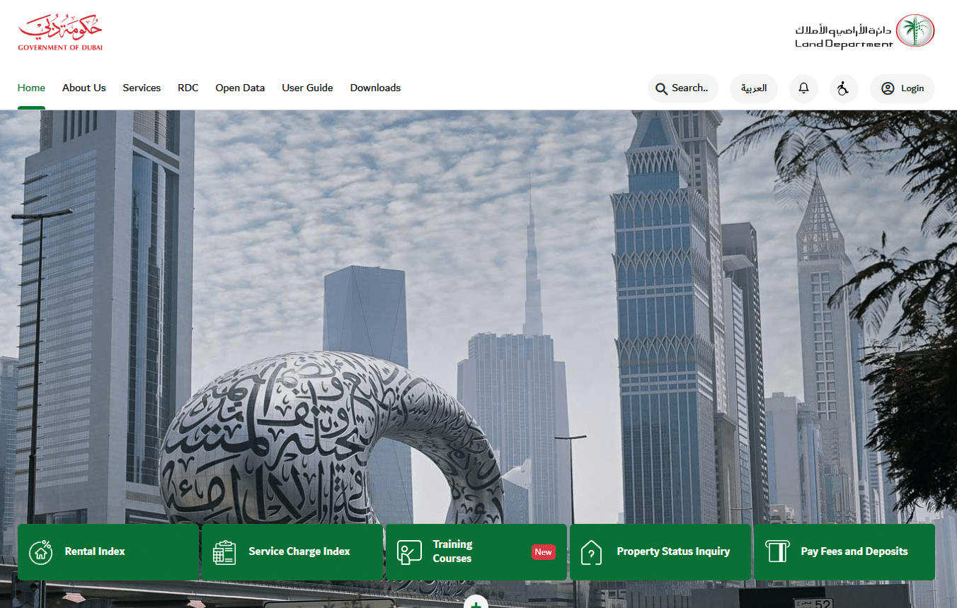 A screenshot of the Dubai Land Department with handles property tax in Dubai.