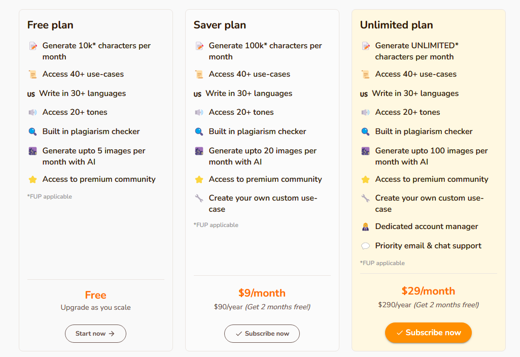 A screenshot of Rytr pricing options. 
