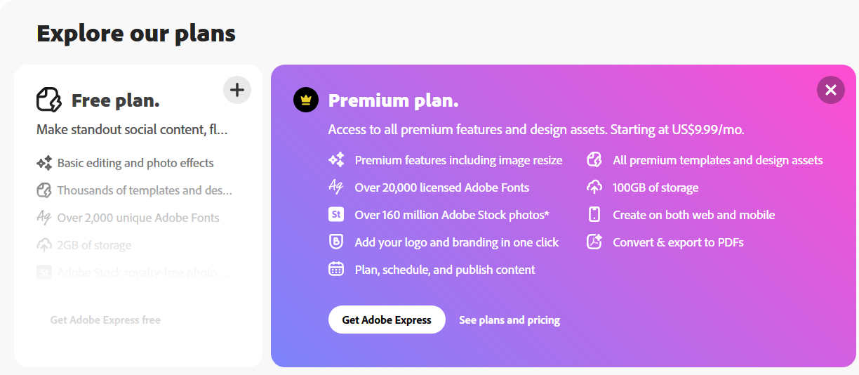 A screenshot of Adobe Express pricing options.