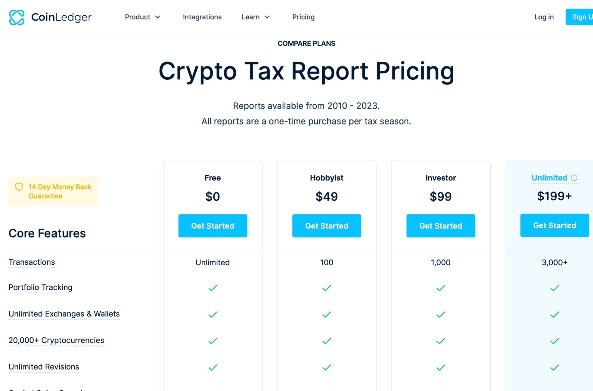 Crypto Tax Pricing List For CoinLedger Software