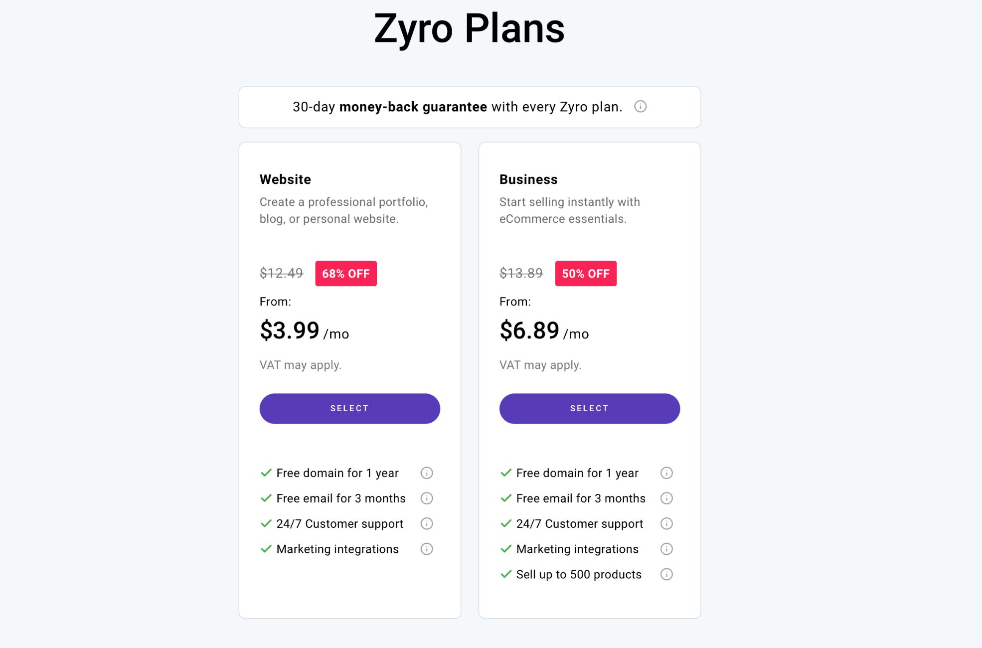 Screenshot Of Zyro Pricing Plans