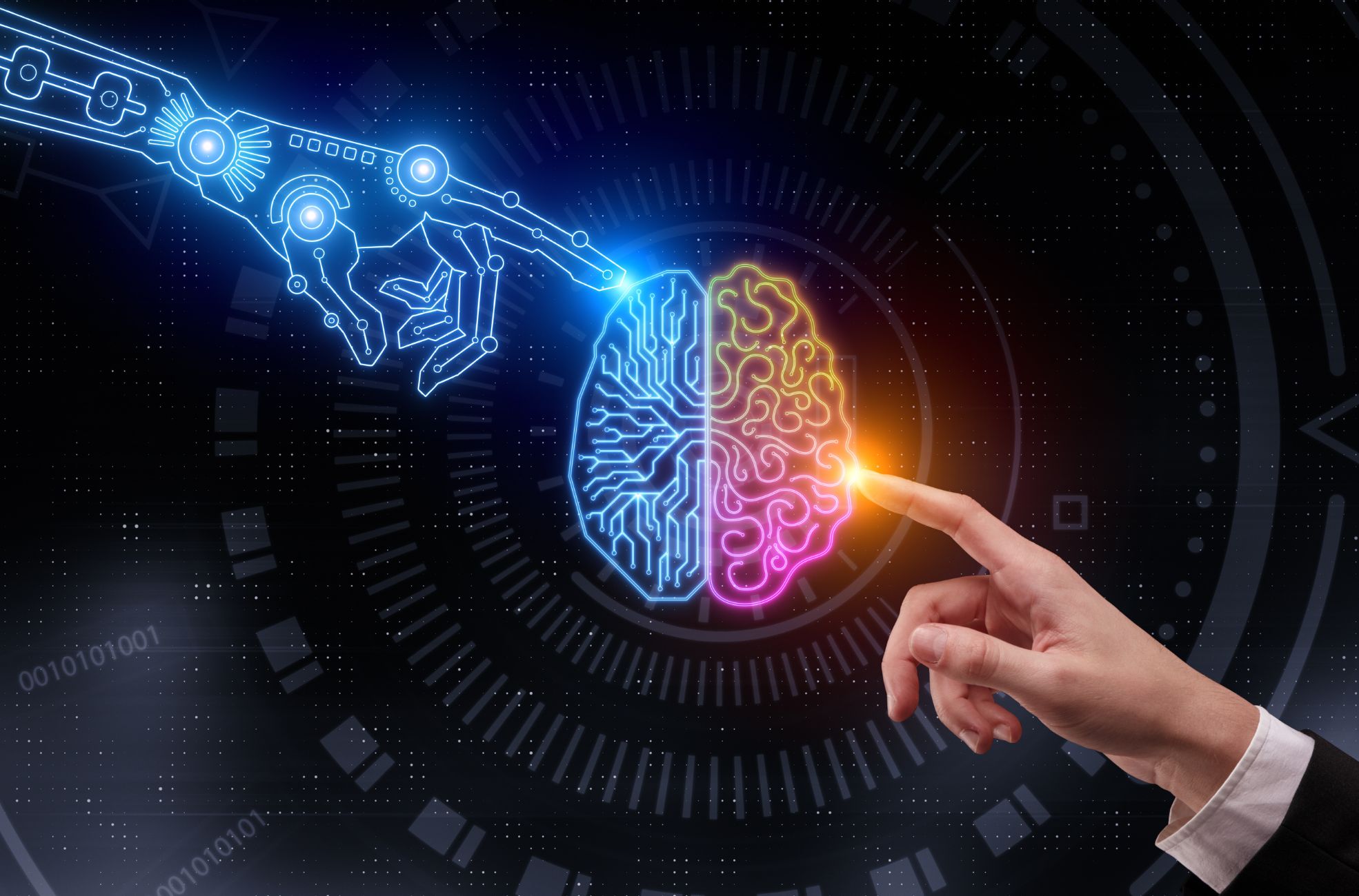 AI Technologies Brain With AI Hand And Human Hand