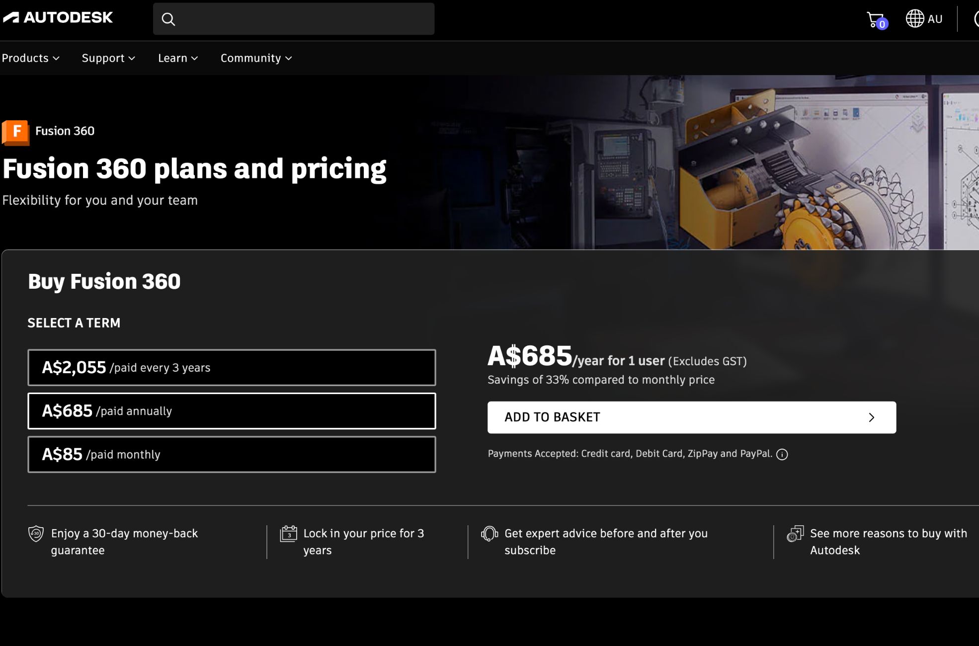 Screenshot Of Autodesk Fusion 360 Pricing