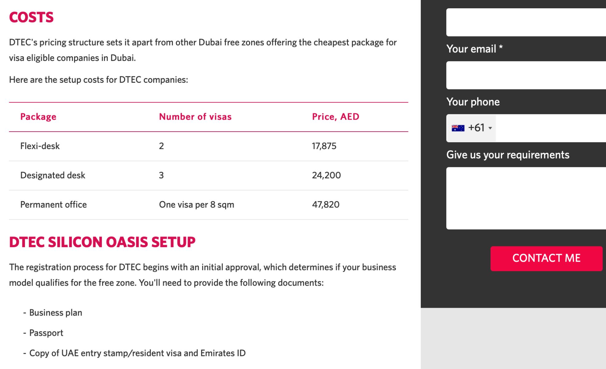 Screenshot Of DTEC Cost Webpage