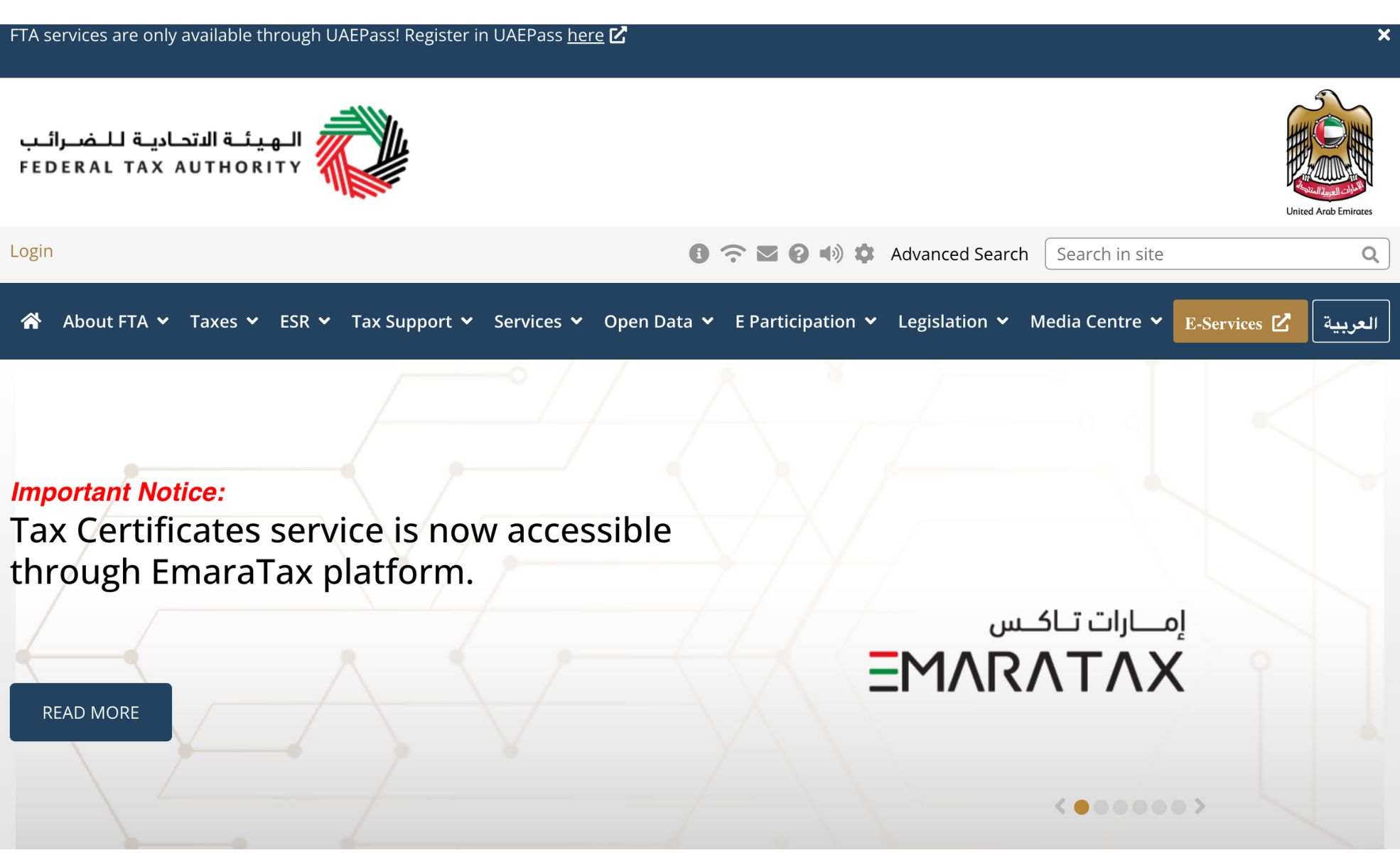 Screenshot Of FTA UAE Webpage