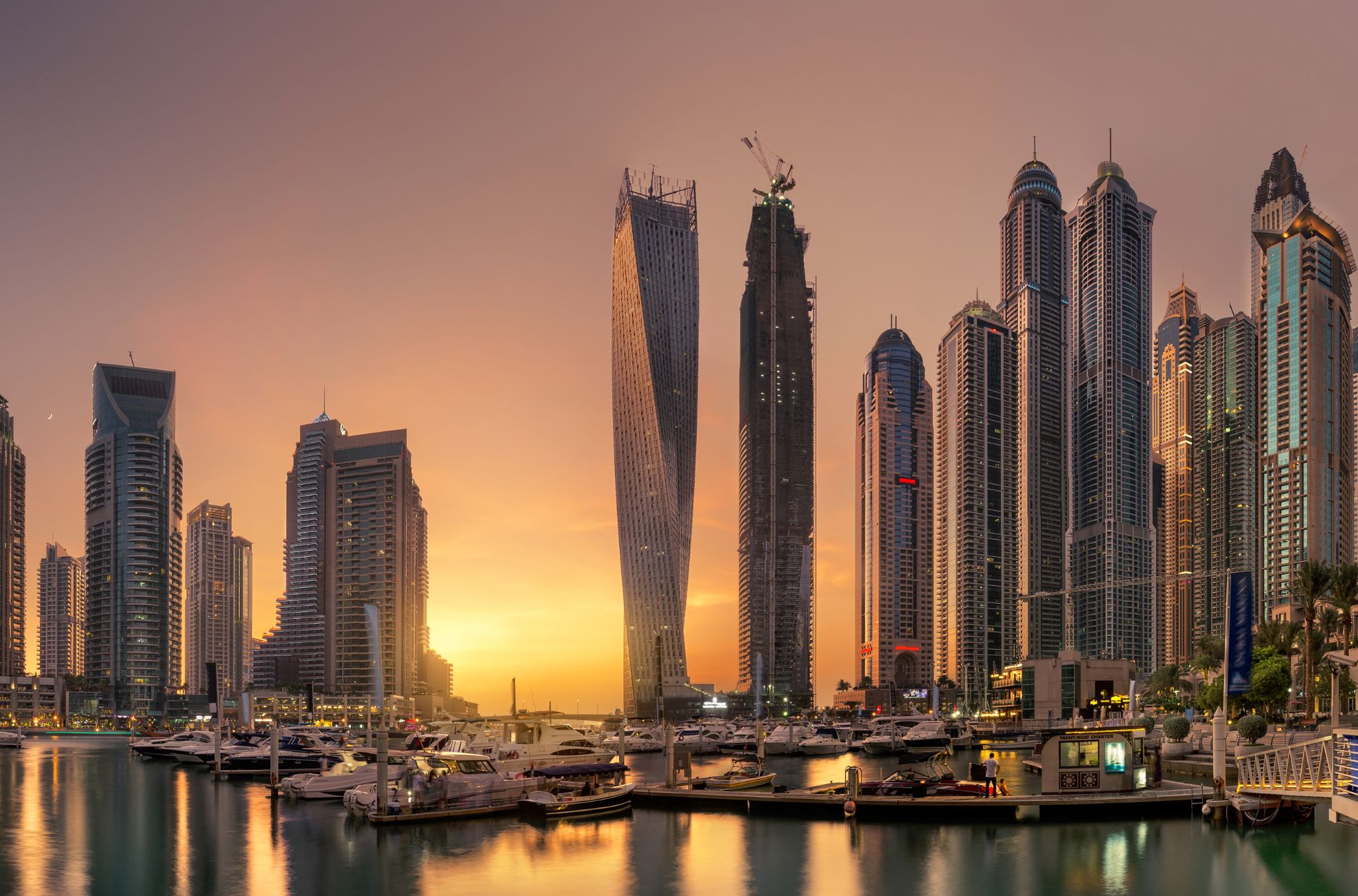 Harbour, Buildings And Sunset In Dubai