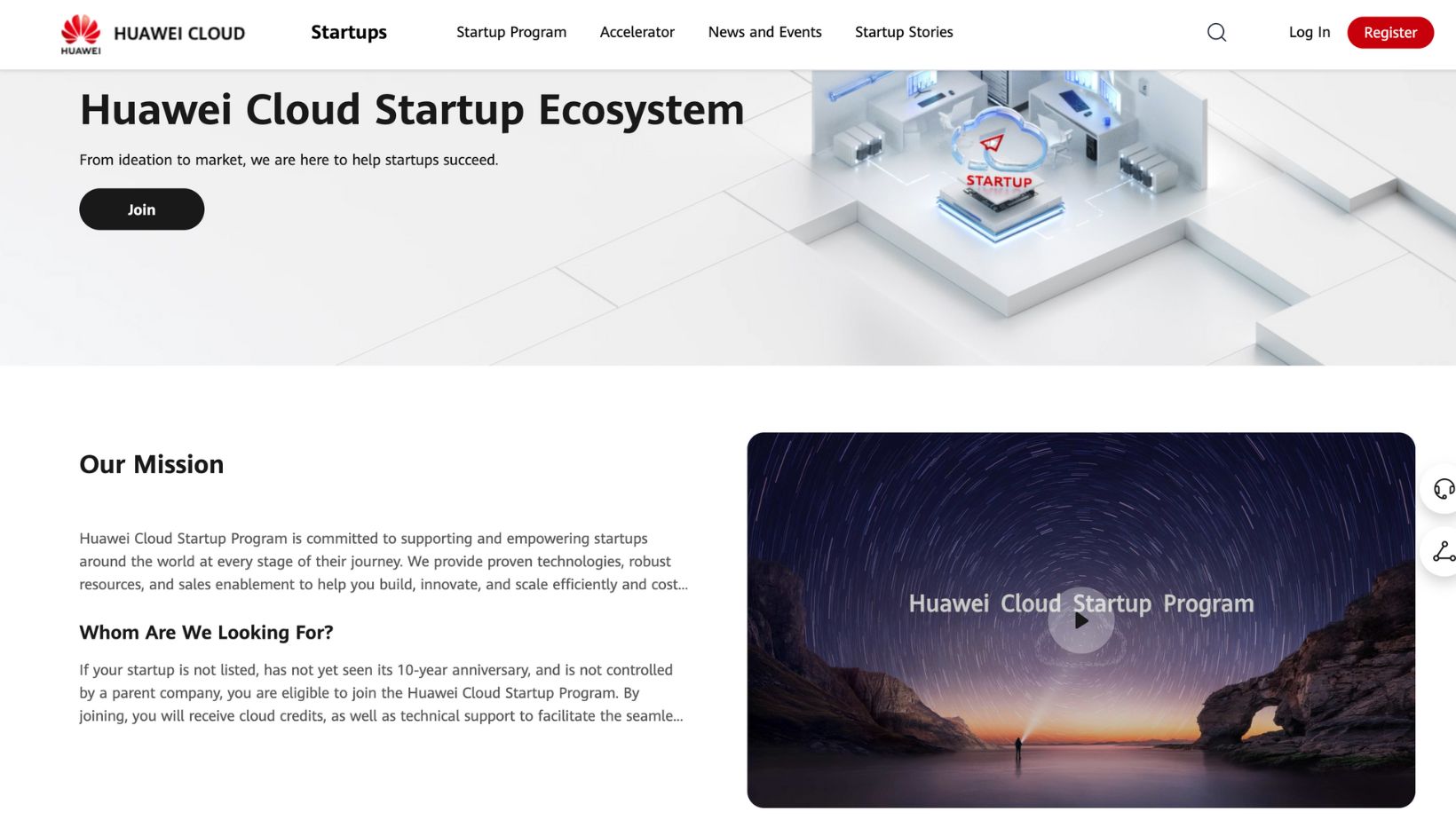 Screenshot Of The Huawei Cloud Startup Ecosystem Website