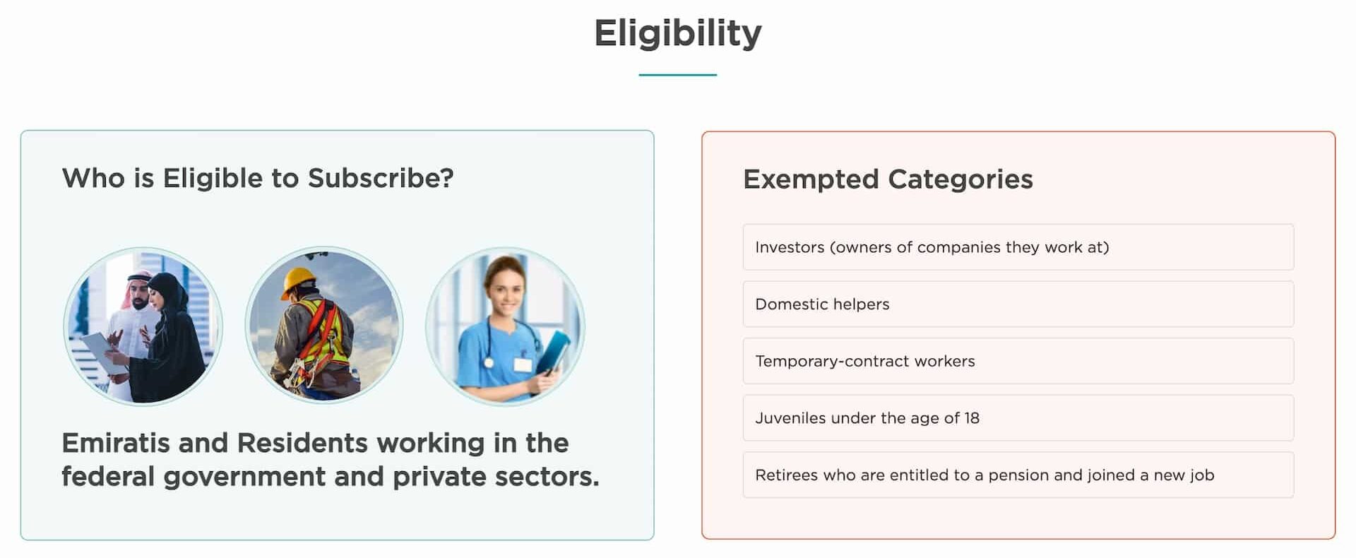 A picture from the official ILOE site, showing the eligibility requirements for the ILOE scheme in the UAE.