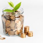 Seedling Growing Out Of Jar Of Coins