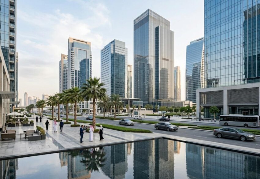 Modern Dubai business district with glass office towers, palm-lined boulevard and office workers, representing UAE business setup and trade licence options.