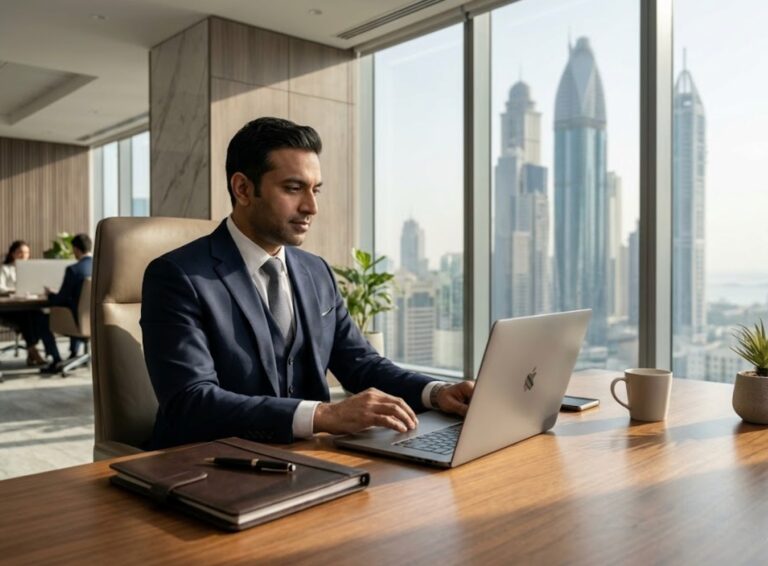 Business owner reviewing UAE residence visa renewal steps in a Dubai office.